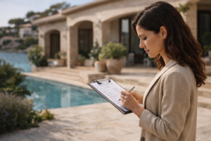Frau dokumentiert den Zustand eines Pools