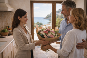Frau schenkt Kunden einen Blumenstrauß
