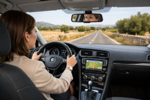Wir fahren nach einem Schlechtwetterereignis mit unserem auto zu unserem kunden auf mallorca