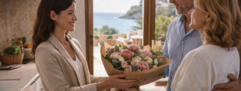 Übergabe Blumenstrauss an Eigentümer einer Ferienimmobilie auf Mallorca