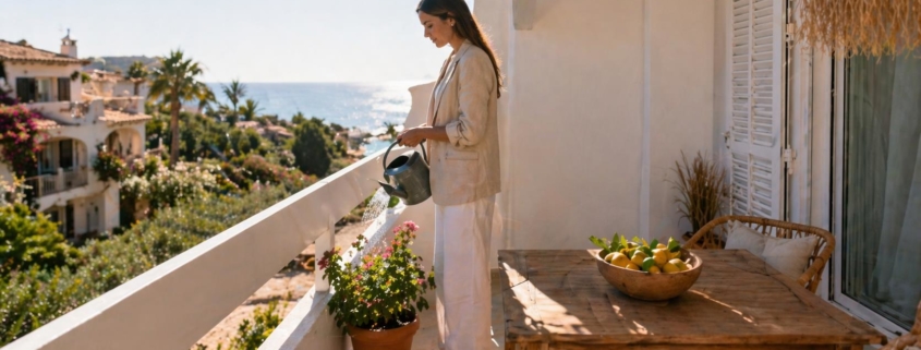 Liliana gießt Blume auf dem Balkon einer ferienwohnung